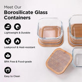 Urbane Home Pack of 3 Borosilicate Glass Kitchen Containers with Bamboo Lid | 310ml 510ml 800ml | Airtight Square Fridge Storage Boxes | Glass Jars for Cereal, Dry Fruits | Blue Pottery Print